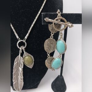 Lucky Brand- Southwest Style Faux Turquoise Feather, Bracelet + Necklace